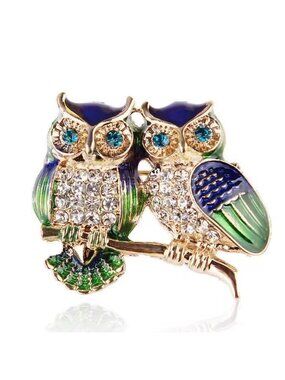 Crystal Owl Brooch Gold Tone Enamel Statement Pin